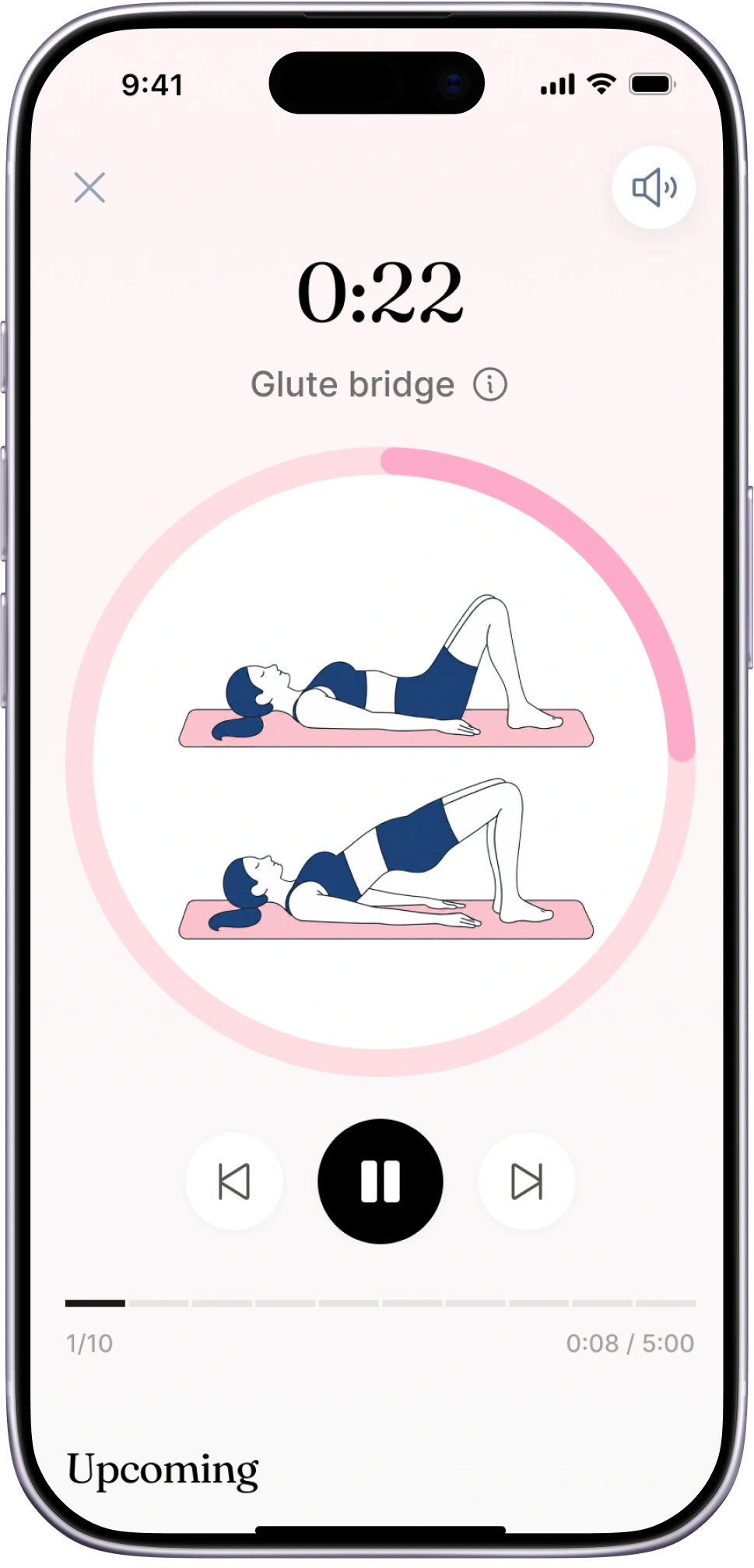 The Cora Pilates app showing a guided glute bridge exercise with a countdown timer